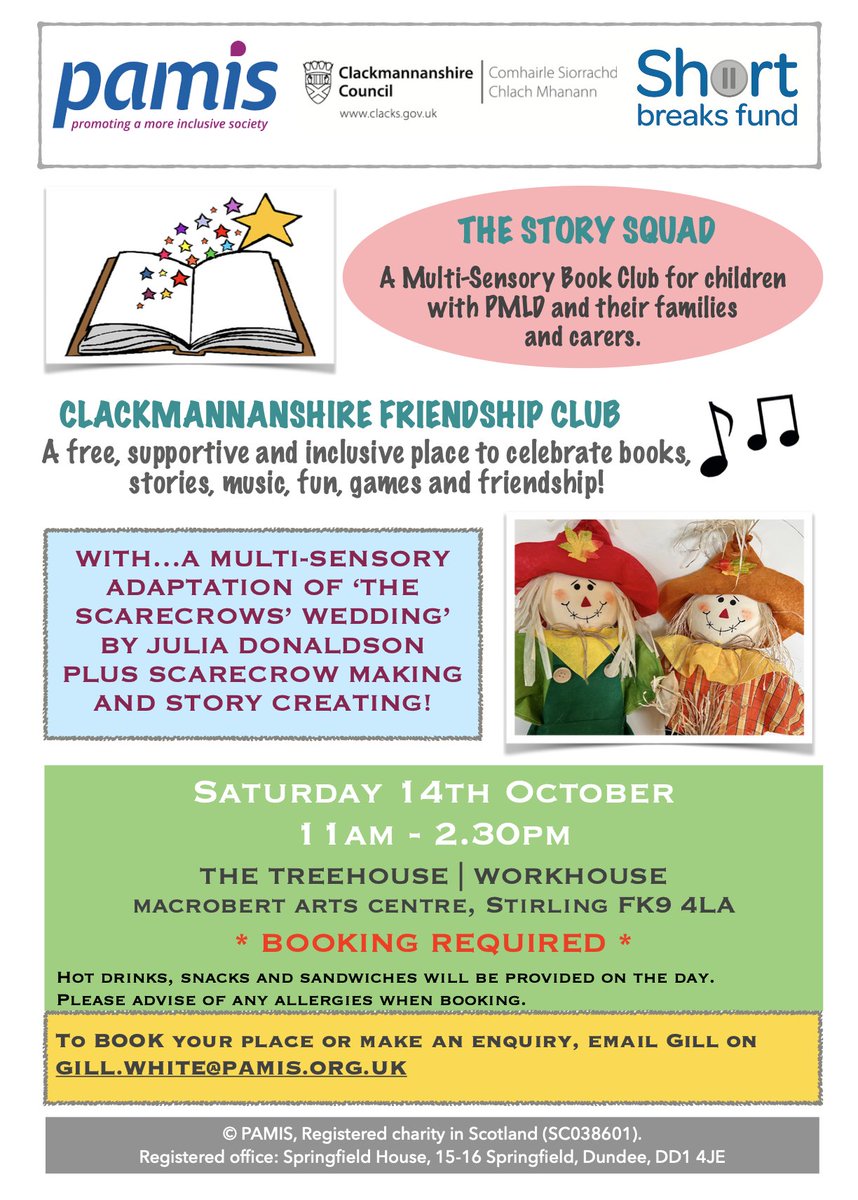 Our next Story Squad and Friendship Club session will be on Saturday 14th October at the Macrobert Arts Centre. To book your places, e-mail Gill at gill.white@pamis.org.uk. We hope to see you there! #clackmannanshire