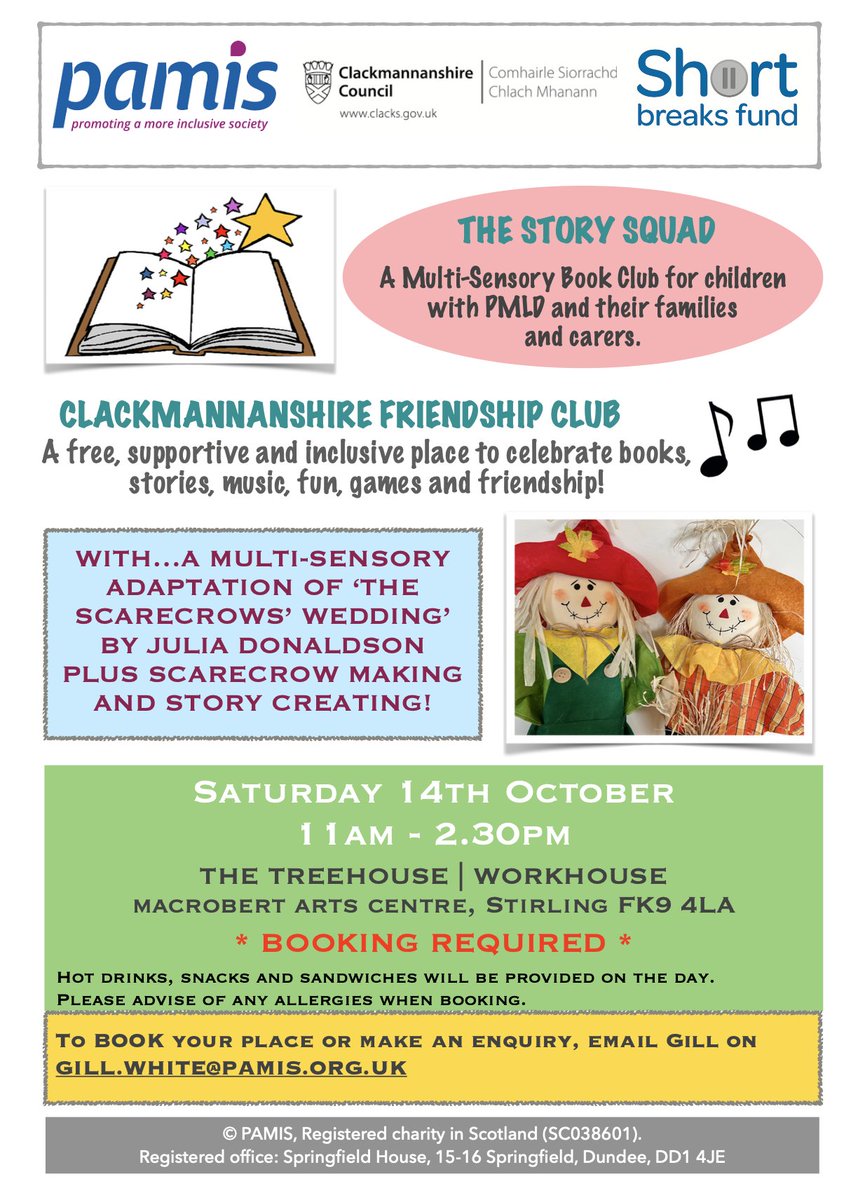 PAMIS_Scotland's tweet photo. Our next Story Squad and Friendship Club session will be on Saturday 14th October at the Macrobert Arts Centre.  To book your places, e-mail Gill at gill.white@pamis.org.uk.  We hope to see you there!

#clackmannanshire https://t.co/a7pI8KYy2t