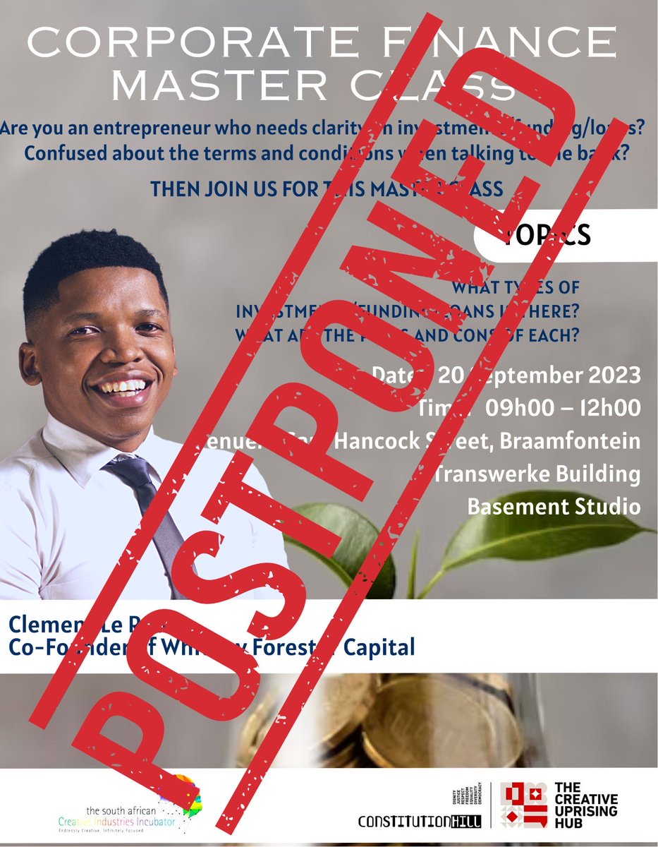 BashaUhuru's tweet photo. ***Postponed to October***
We know you were ready for the Corporate Finance Master Class and the DIGITAL MARKETING E-skills Training session on the 19th & 20th of Sep 23. Stay tuned for more details. #normalisingaccess #SACII #Events #creativeuprisng #visitconhill https://t.co/K6EwqfHsls