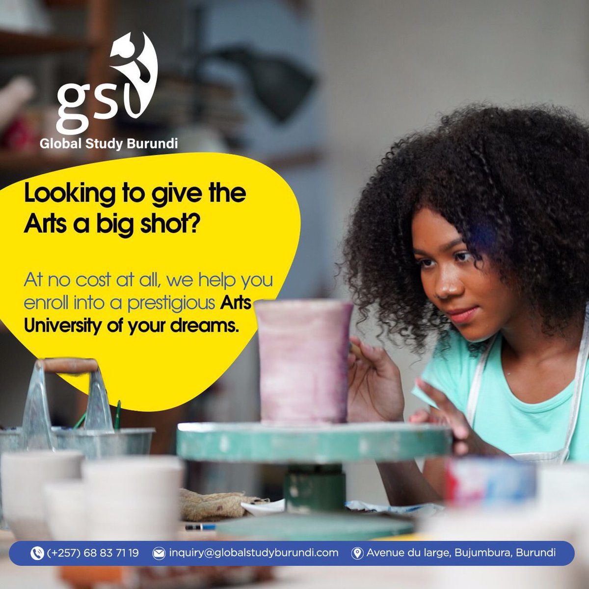 If your dream is to excel in the arts world, then we got your back!

Whichever your university of your choice, we will get it to you!

Contact us for free support today, via +257 68 83 71 19.

#GSBurundi #Arts #ArtsUniversity #Studytoday #Studyabroad #StudyinAsia