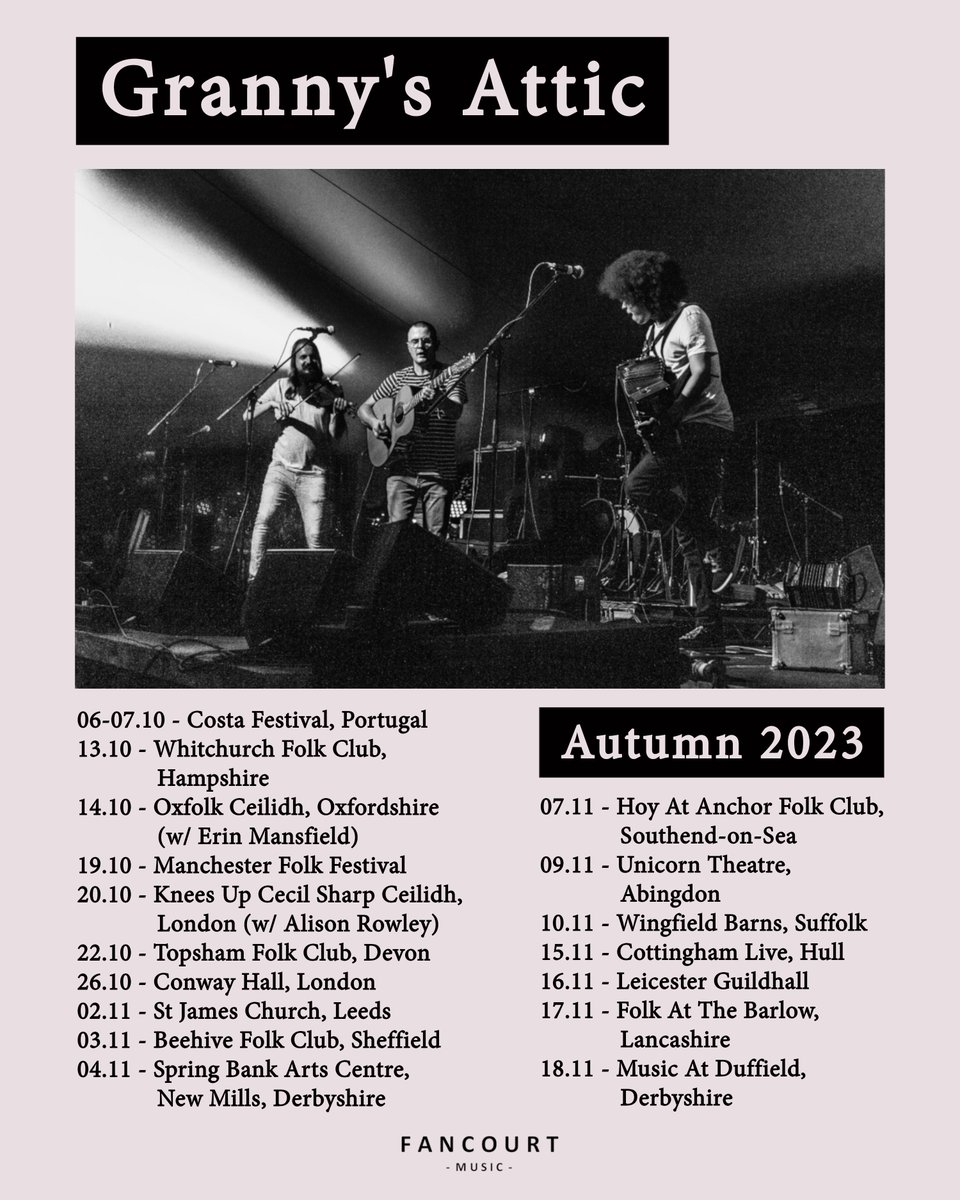 Autumn Tour dates!

Can't wait - some new venues and some old favourites. Plus a couple of ceilidhs too!

Thanks <a href="/LucyRShields/">Lucy Shields</a> @FancourtMusic!

Grab your tickets now so you don't miss out - and spread the word!

grannysattic.org.uk/gigs/

📷Christopher James Hall