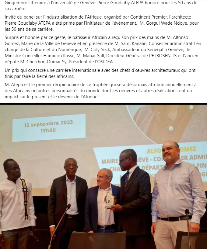 Pierre Goudiaby ATEPA honoré à Genève pour les 50 ans de sa carrière