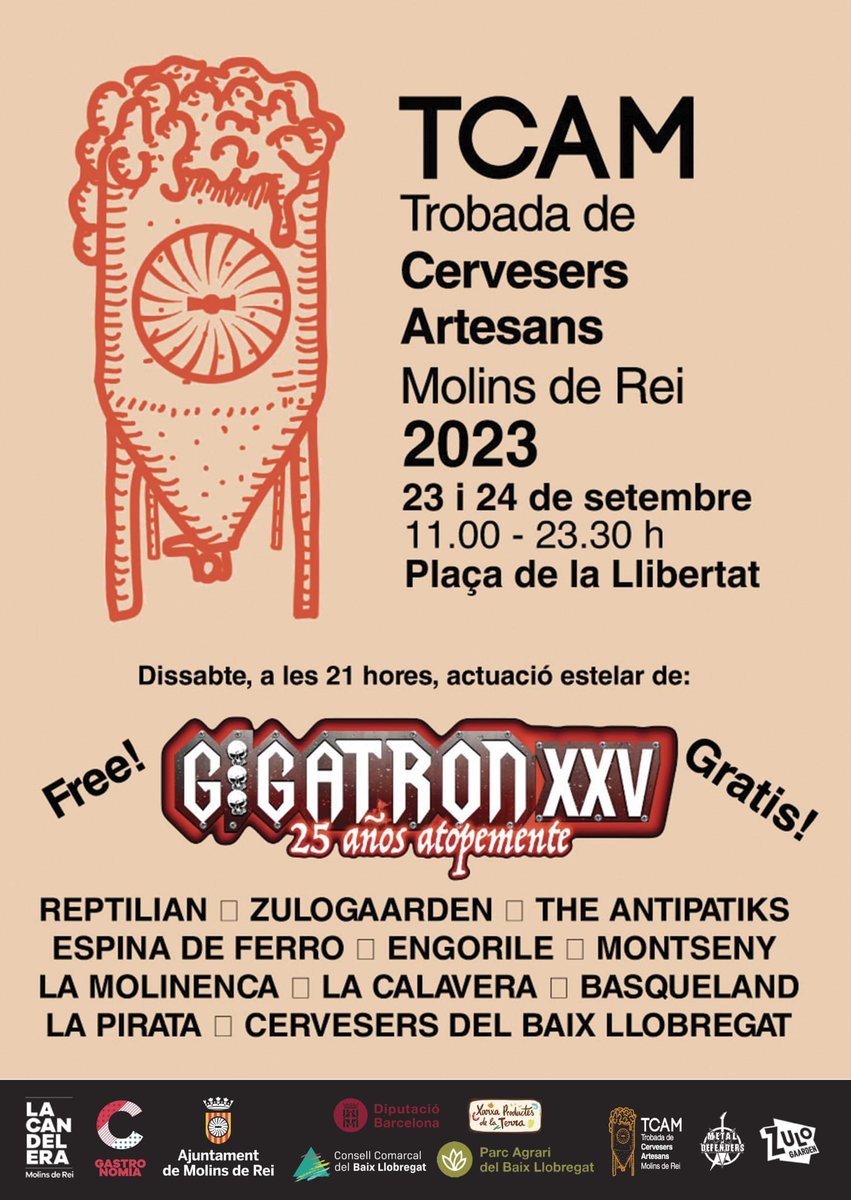 🗣Aquest cap de setmana, teniu la "Trobada de Cervesers Artesans de Molins de Rei" #TCAM, que aquest any compta, entre varies actuacions musicals gratuïtes, amb la de <a href="/GigatronOficial/">Gigatron Oficial</a> (dissabte a les 21:00h).

Ens veiem allà! 😜🤘

#Cervesa #Cerveza #CervesaArtesana #MolinsDeRei