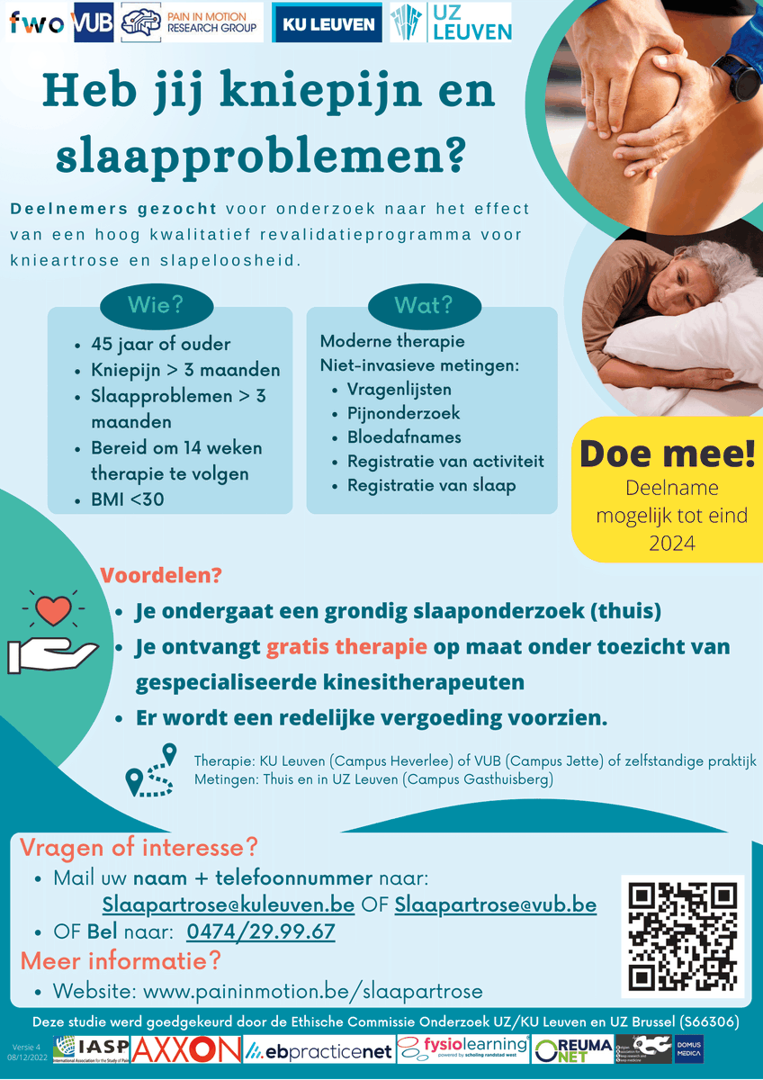 KU Leuven PhysioTher (@kuleuvenpt) on Twitter photo Heb jij kniepijn en slaapproblemen?
⚠️ Gezocht: vrijwilligers voor deelname aan studie over 'Hoogwaardige therapie voor slaap en pijn bij knieartrose'
Interesse?
Mail uw naam en telefoonnummer naar: slaapartrose@kuleuven.be Heb jij kniepijn en slaapproblemen?
⚠️ Gezocht: vrijwilligers voor deelname aan studie over 'Hoogwaardige therapie voor slaap en pijn bij knieartrose'
Interesse?
Mail uw naam en telefoonnummer naar: slaapartrose@kuleuven.be