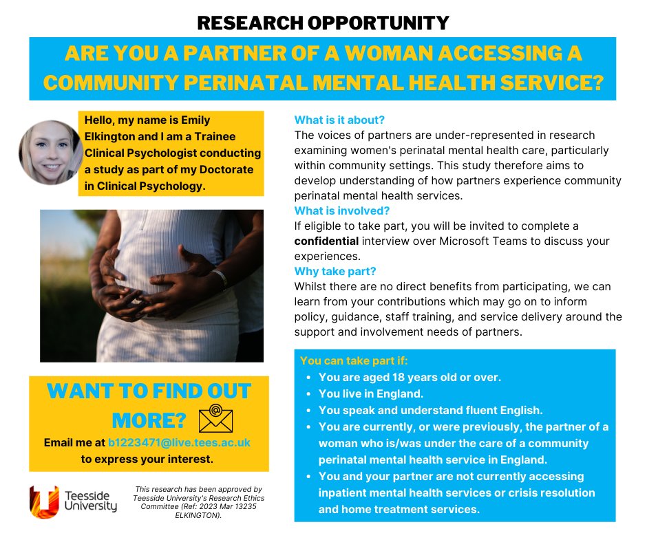 Please consider taking part and/or sharing my research which aims to develop understanding of partners’ experiences of community perinatal mental health services #perinatalmentalhealth #perinatal #dads #partners #birthtrauma #postpartumpsychosis #postnataldepression #perinatalOCD