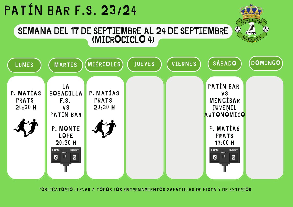 ClubPatinBarFS's tweet photo. 🚨 PLANNING SEMANAL 🚨

🗓️Por aquí os dejamos el horario de partidos y entrenamientos de nuestro equipo para que estéis informados de cada paso que damos.

🫂Queremos agradecer a todos los aficionados que se están acercando a las instalaciones a vernos entrenar.

¡Muchas gracias! https://t.co/HXZd0FF0x3