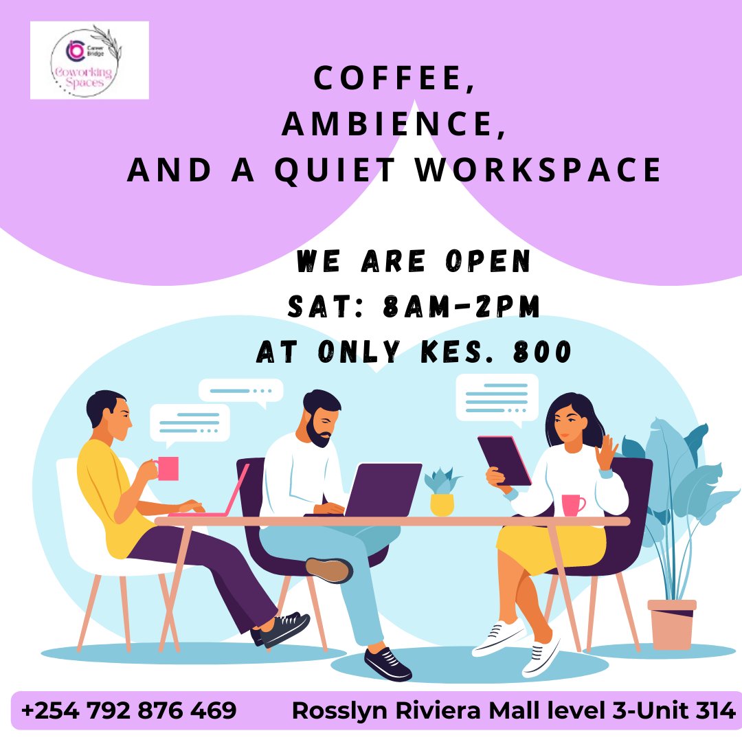 CCareerbridge's tweet photo. As a business owner or team leader, you know weekends don't mean less work. Join us at Career Bridge Coworking space and make the most of your weekend. From 8am-2pm at only Kes. 800, your Saturday's will turn your dreams into reality, one weekend at a time https://t.co/XQBesJGP89