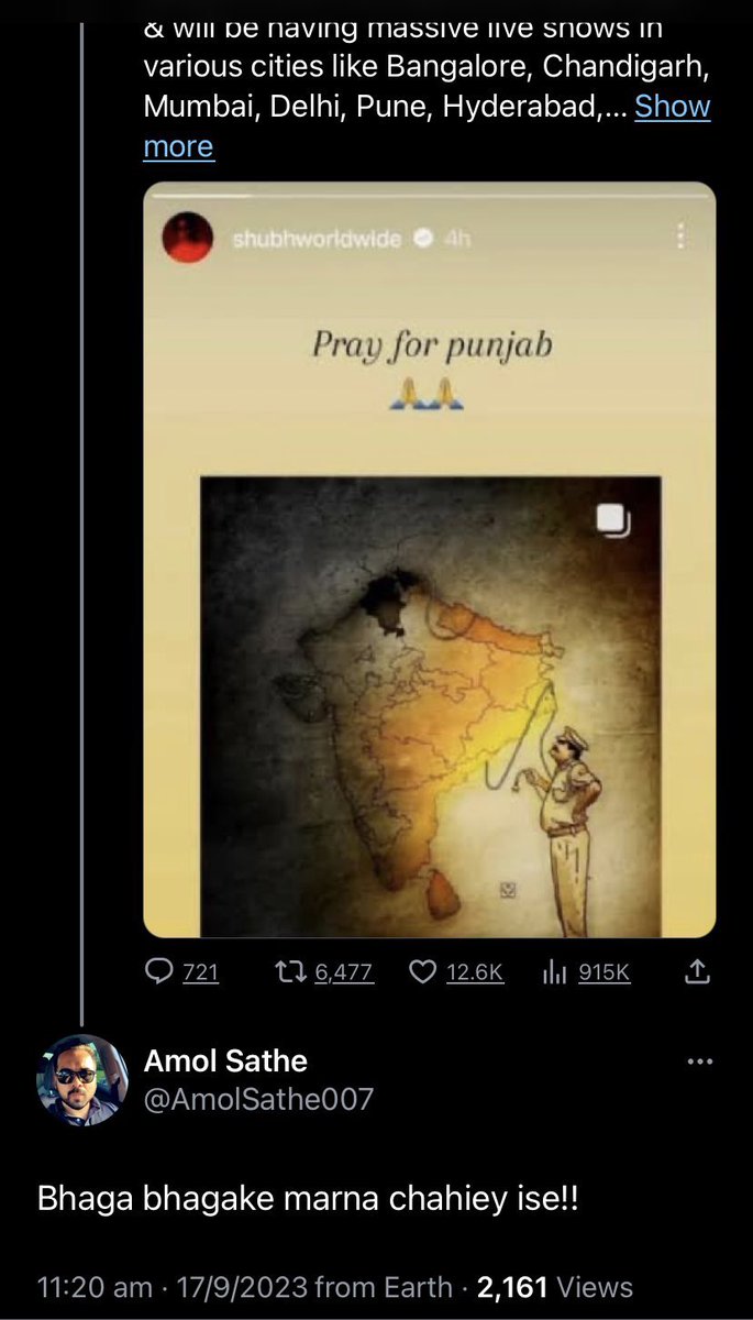 jeetsidhu_'s tweet photo. Amol Sathe, who works at Applied Materials @Applied4Tech recently posted:

“We should make him run before we kill him”

…when he found out a Sikh pop musician “Shubh” shared an art piece showing concern for the illegal detention and torture of Sikh human rights activists https://t.co/lIYNnvXFd2