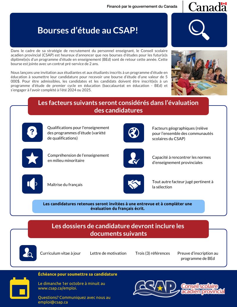 Nos bourses d'études pour les étudiants d’un programme d’étude en enseignement (BEd) sont de retour!! 👨🏼‍🏫

Le dossier de candidature doit être reçu complètement en français avant le 1er octobre ➡️ jobs.ednet.ns.ca/job-invite/812…

#Educationenfrançais #Acadie #CSAP #Bourses #nousembauchons