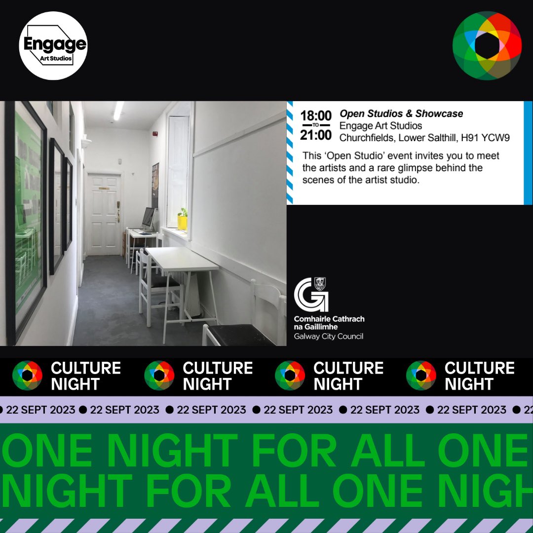 OPEN STUDIOS for CULTURE NIGHT
📍 Engage Art Studios, Churchfields, Lower Salthill, H91YCW9
🗓️ 6-9pm Fri 22/9/23
➡️We’re delighted to invite you to visit our artists’ studios for #CultureNight2023 With thanks to @artsofficegalwaycity @galwaycitycouncil 
#OneNightForAll