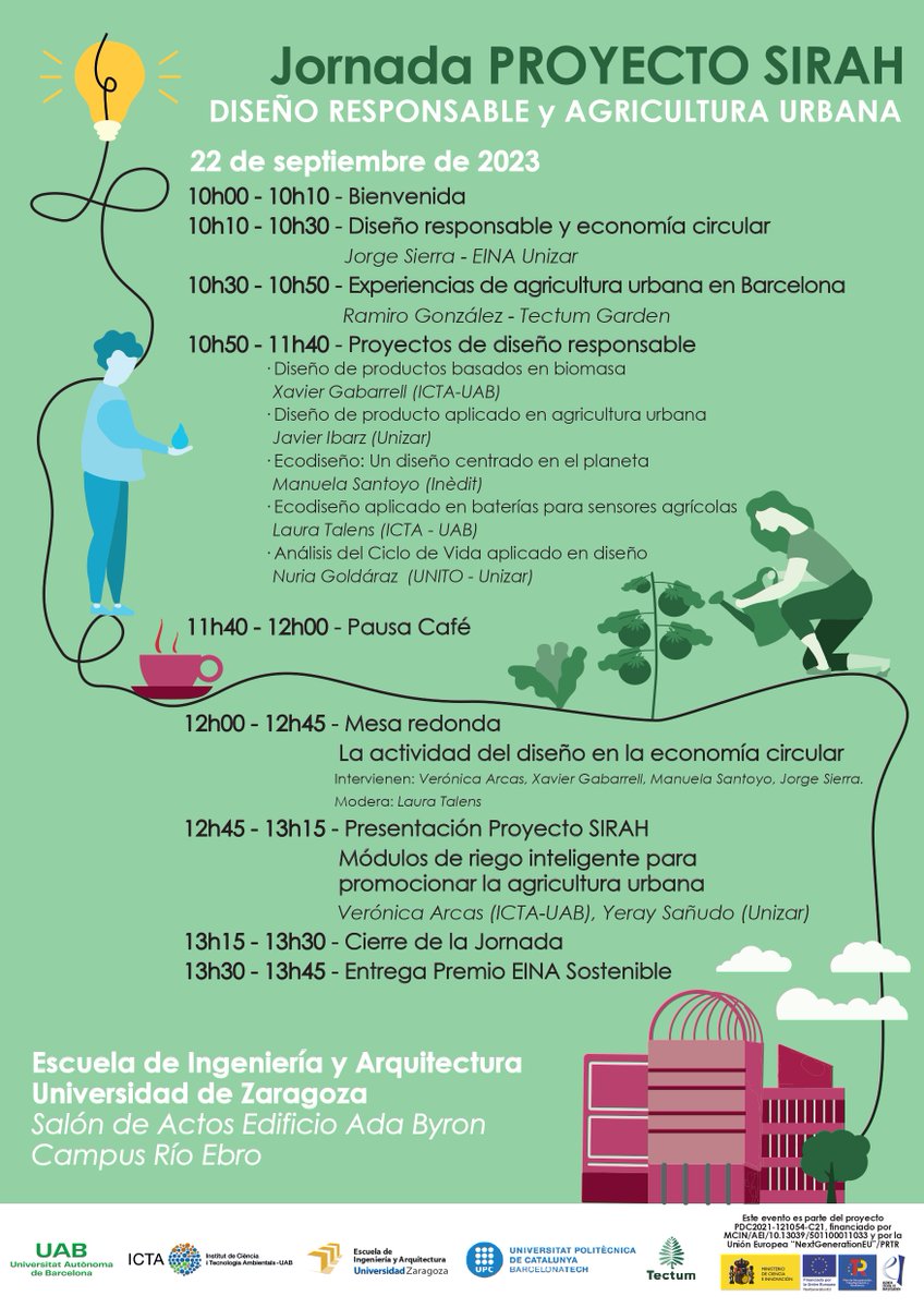 📅 22/09 - Jornada #diseñoresponsable #agriculturaurbana en @EINAunizar con participación de @ICTA_UAB @sostenipra  @TectumGarden  @ineditinnova @unizar. Se abordará el rol del diseño industrial en el abastecimiento alimentario de las #ciudades en un contexto de #economiacircular