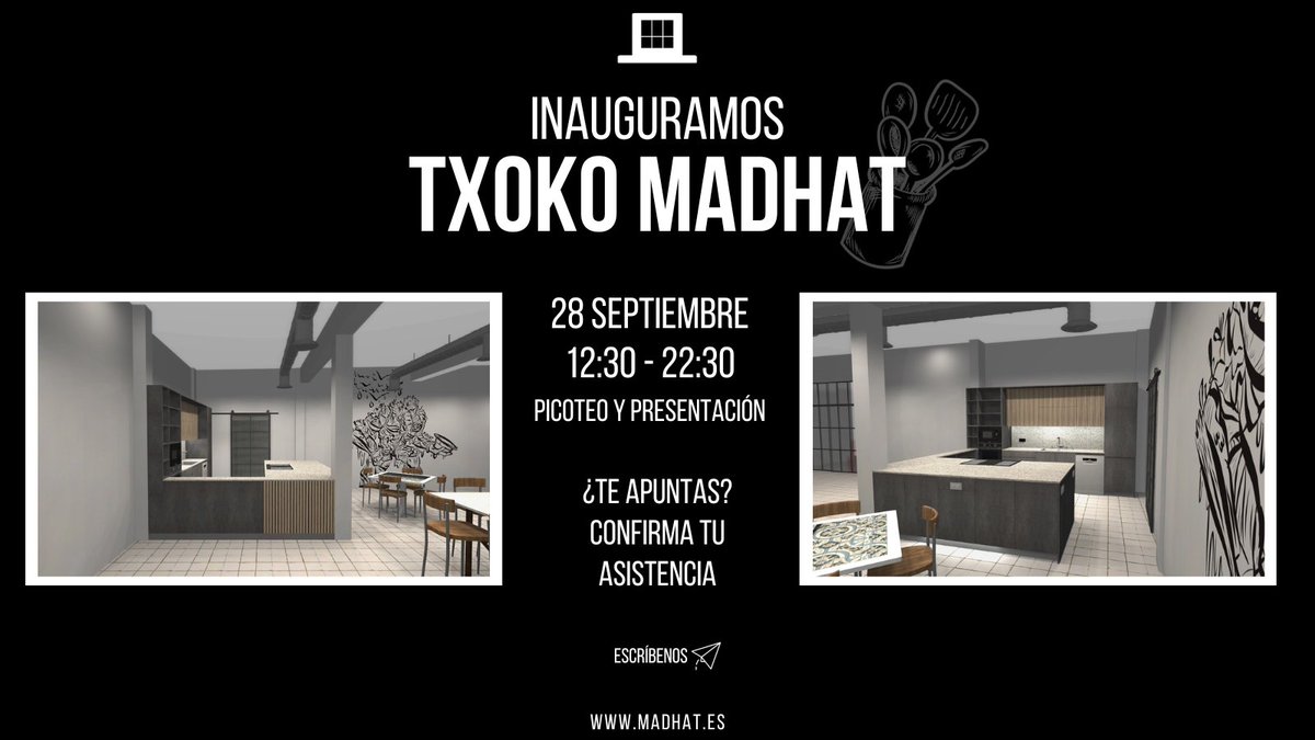 ⚠️El 28 de septiembre tenemos un plan para ti⚠️

Inauguramos el "TXOKO MADHAT"🍢

¿Quieres venir a un picoteo y presentación de este nuevo servicio con el que contamos en Madhat? Escríbenos para confirmar tu asistencia.

Te esperamos🎩

#Inauguracion #Txoko #Madrid #Eventos