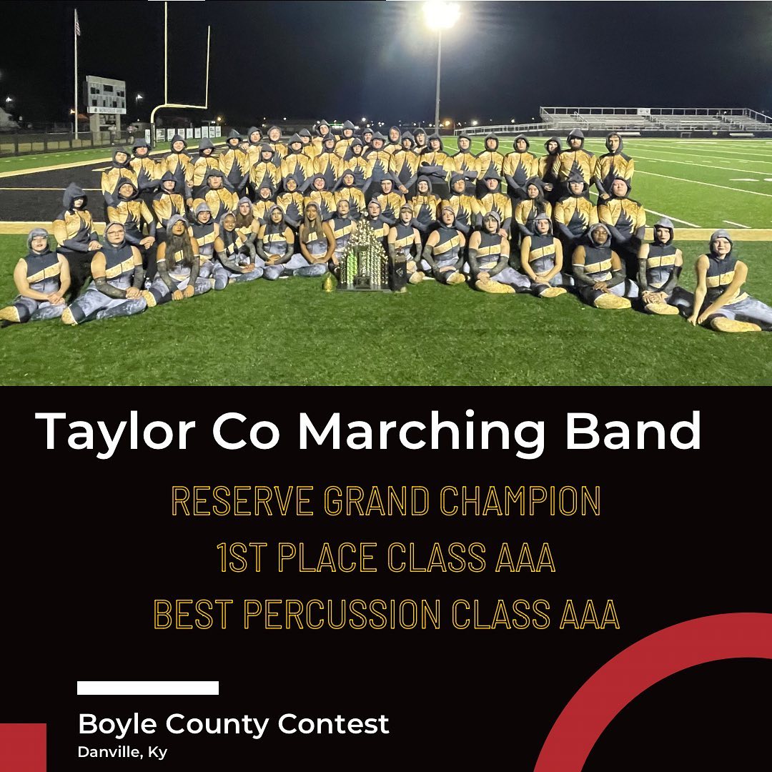 TC_Schools_KY's tweet photo. What a weekend for Taylor County Band! 👏👏

❗Reserve Grand Champion
❗1st Place Class AAA
❗Best Percussion Class AAA

Expect greatness from Taylor County Band!

#tcpride #tcperformance #tcband #expectgreatness #tchs https://t.co/eb0aLyi4I3