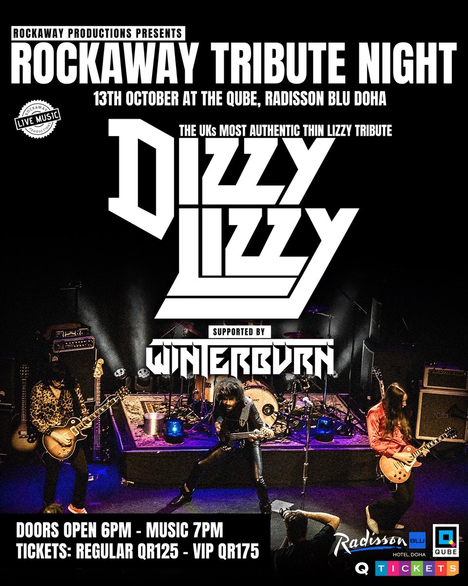 We’re back &amp; going to be supporting the fantastic Dizzy Lizzy, the UK’s top tribute to one of our favourite bands &amp; biggest influences. 

It’s going to be a night of killer rock n’ roll, so come down &amp; boogie with us!  🎸🔥 

Get your tix here: events.q-tickets.com/qatar/eventdet…
