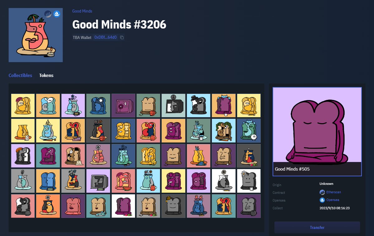 🤣 Some wonderful images found in Transaction led me to this NFT, which contains thousands of NFTs in his Token-Bound Account.

If someone paid 1,000 ETH, he would be pleasantly surprised by the freebies he found in his backpack.
#erc6551 <a href="/goodmindsnft/">Good Minds</a>