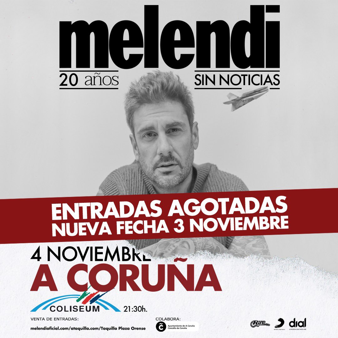 Segunda fecha en A Coruña

Entradas ya disponibles en melendioficial.com/conciertos

#20añossinnoticias #vuelveholanda