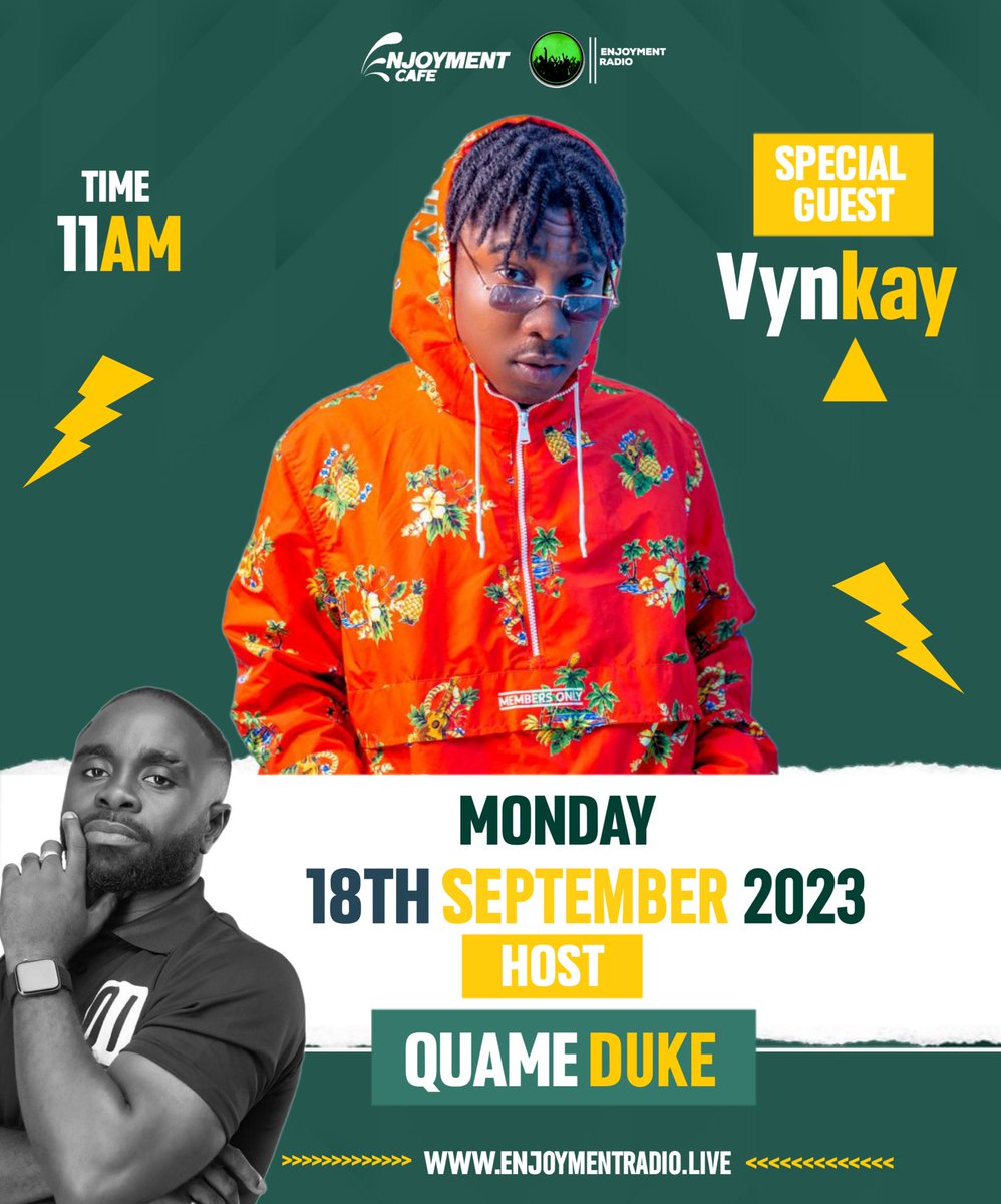 enjoyment_radio's tweet photo. ✳️ENJOYMENTCAFE❇️The #Road hit maker @vynkay_ is in the building for a brief conversation with the #EnjoymentCafe Crew🙌🔥
Tune in to https://t.co/7rQLynHt1B
#enjoymentradio #enjoymentcafe #artistGuide #Road #Vynkay https://t.co/iBuf4Q1hHG