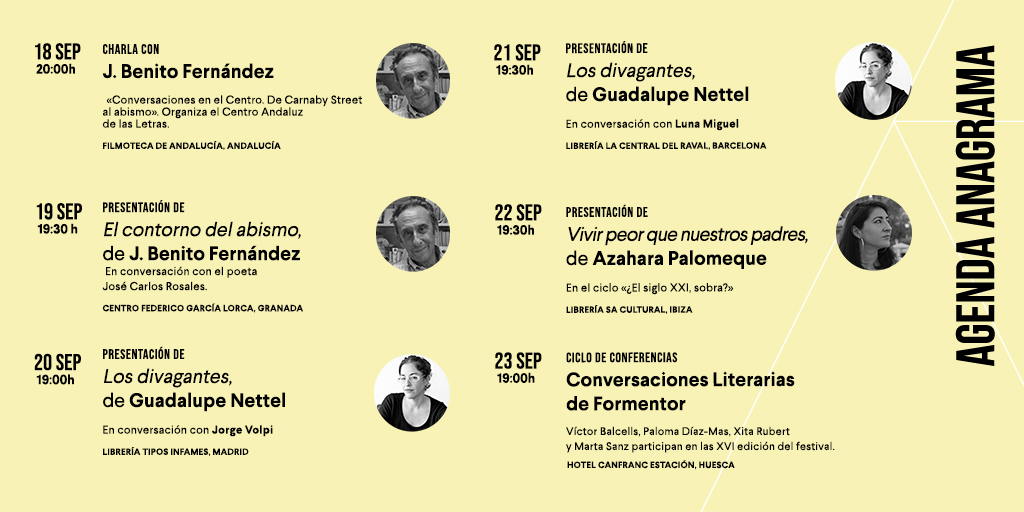 Esta semana nos visita Guadalupe Nettel en Madrid y Barcelona, J. Benito Fernández presenta su biografía #ElContornoDelAbismo en Córdoba y Granada, Azahara Palomeque en Ibiza y Víctor Balcells, Paloma Díaz-Mas, Xita Rubert y Marta Sanz en @FundFormentor: ow.ly/pcuK50PMFzR