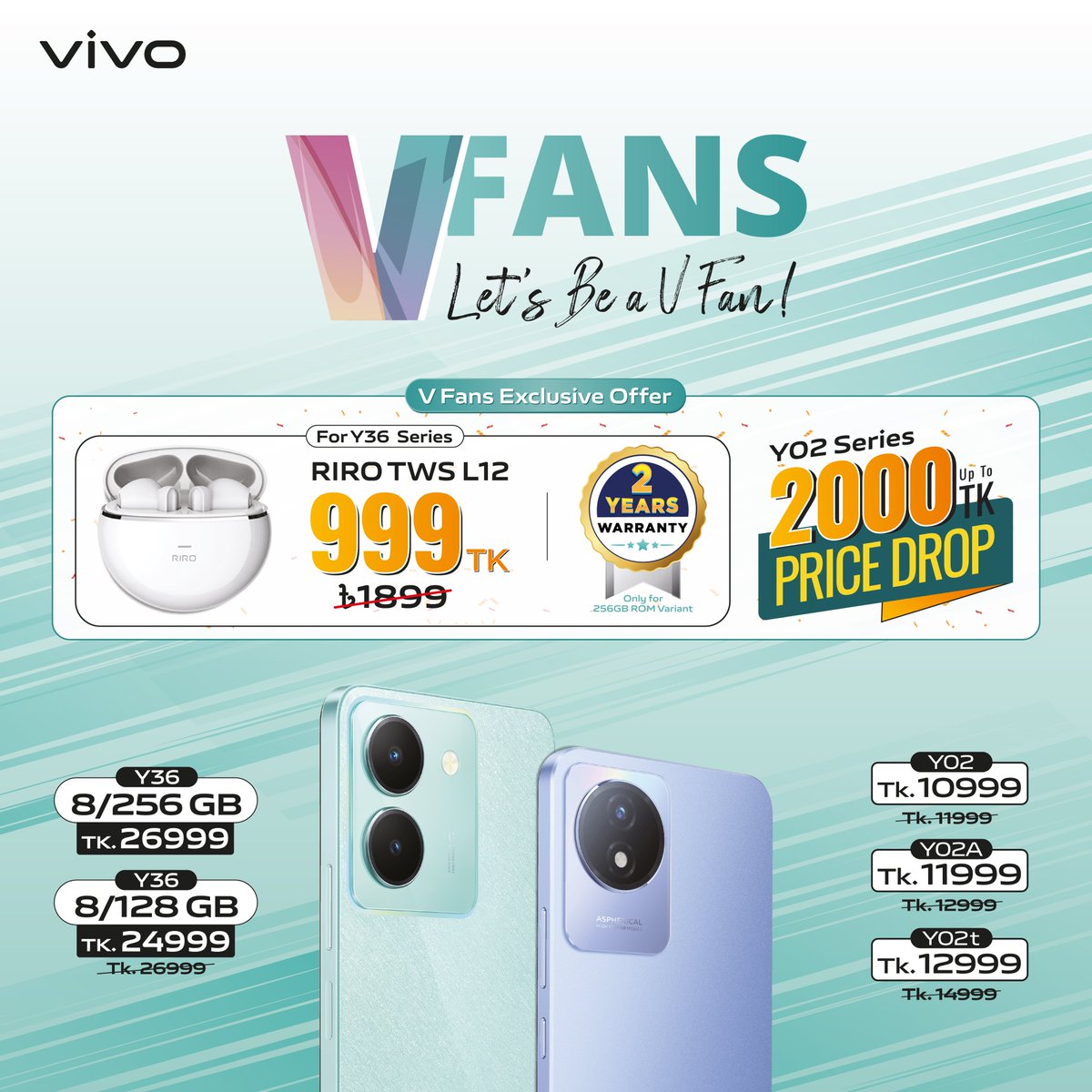 BangladeshVivo's tweet photo. Let's be a V Fans 🥳
#vivoY36 is here with the limited edition of #256GB storage & enjoy the mega price drop of #Y02series 😍
Buy now👉from your nearest vivo-authorized store or official e-store!
https://t.co/kE5H8T6efr
#vivoVFans #Vfans #vivoYSeries #YsoCool #vivoBangladesh ❤️ https://t.co/N2mHhErT8J