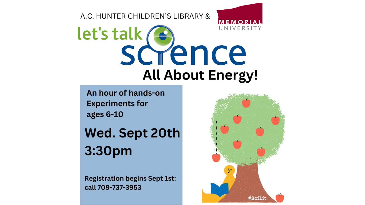 @NLESDCA @MUN_Engineering @ProcessENG_MUN @CNA_News @NLGEOCENTRE Library Visit at the A.C. Hunter Children's Library (Ages 6-10)! Join us on Wednesday, September 20, 2023 starting at 3:30pm for an hour of hands-on experiments about energy! #SciLit @NLPubLibraries Register by calling 709-737-3953.