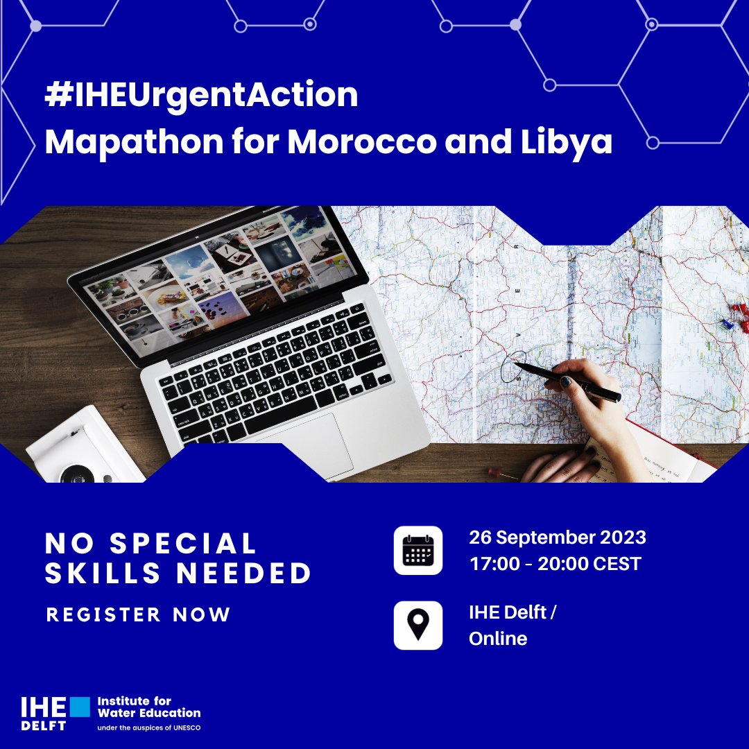 📢Join @ihedelft & @hotosm for the #IHEUrgentAction #Mapathon on 26 Sep and help map areas affected by the #MoroccoEarthquake & #LibyaFloods. Your contribution can make a difference for humanitarian aid! Sign up here: un-ihe.org/iheurgentactio…