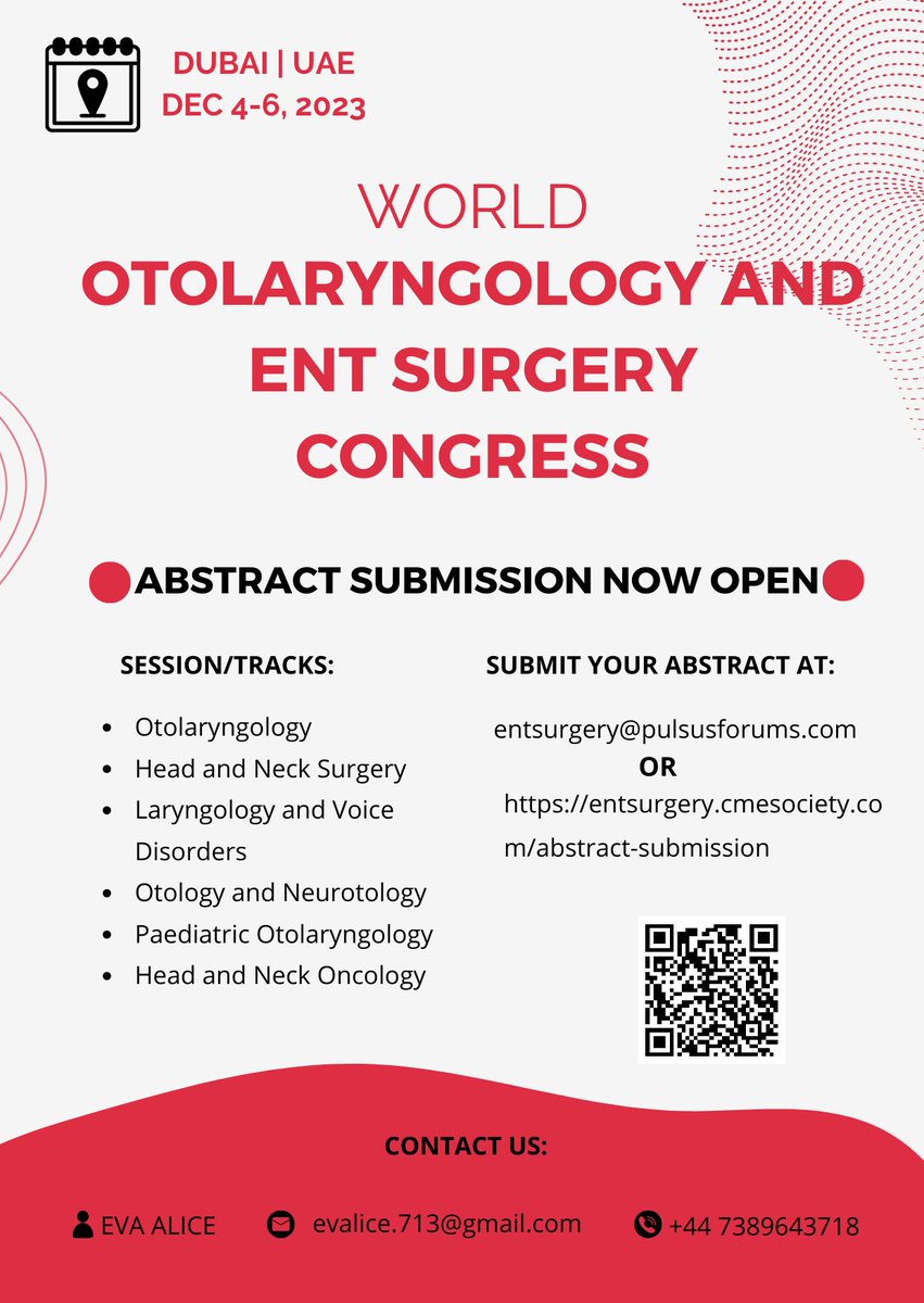 📢Calling all #ENT enthusiasts!🚀

Share your knowledge &amp; #research at #ENTSurgeryCongress 2023 in #Dubai on Dec 4-6, 2023

📌Abstract submission is open NOW!📝 

🔗rb.gy/kdvo9

Let's shape the future of ENT Surgery together!

#ENTResearch #otolaryngology #surgery