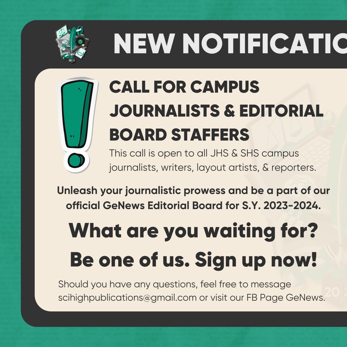 SciHighGeNews's tweet photo. Hey SciHigh Kid! Looking for opportunities to unleash your talent in writing, editing, reporting, and creating layouts? 👀✍🏻

Well, you’re just in luck because GeNews is on the hunt for new members to be part of the Editorial Board for S.Y 2023-2024! 👥✊🏻 https://t.co/NRXSdfYts7