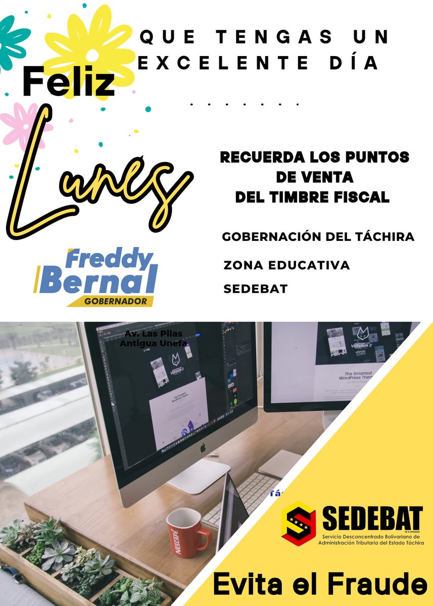 Feliz inicio de semana, Amigo Contribuyente le recordamos que nuestros Puntos de Venta autorizados están ubicados en 
✅SEDEBAT (Av. Las Pilas, Antigua Unefa)
✅ZONA EDUCATIVA 
✅GOBERNACIÓN DEL ESTADO TÁCHIRA 

¡Sin Tributos no hay Progreso! Recaudamos el desarrollo del Táchira