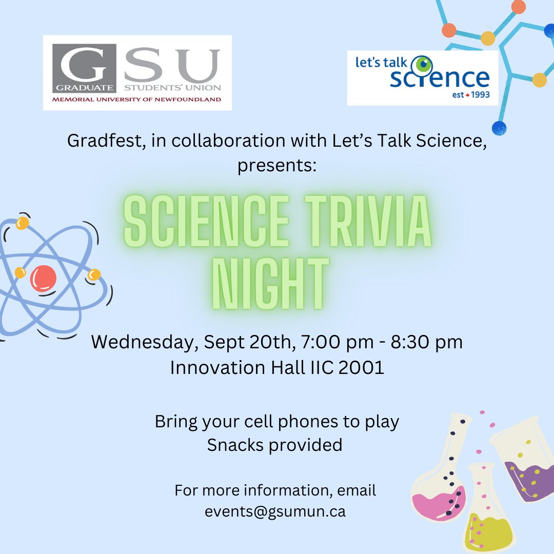 lts_mun's tweet photo. @NLESDCA @MUN_Engineering @ProcessENG_MUN @CNA_News @NLGEOCENTRE @NLPubLibraries Calling all MUN students! Ready to test your Science knowledge in a fierce game of trivia? Join us on Wednesday, September 20, 2023 in the Bruneau Centre starting at 7:00pm. There will be snacks and prizes to be won! Bring your cellphone to play. @GSUMUN https://t.co/h9frVZ9nNn https://t.co/F2z8gO9YM9