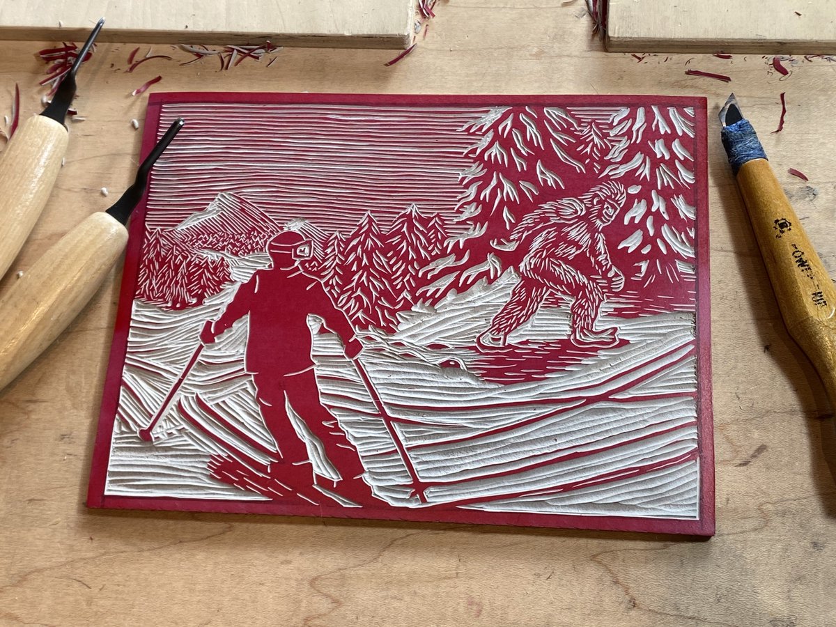 WheatenPress's tweet image. New print - something wintry with skiing and a bigfoot sighting. I will be at JP Open Studios this weekend, Sept 23-24, outside the Loring Greenough House, stop on by and say hi

#blockprint #printmaking  #linocut   #handmade #reliefprint #ski #skiing #bigfoot #winter #JPOS