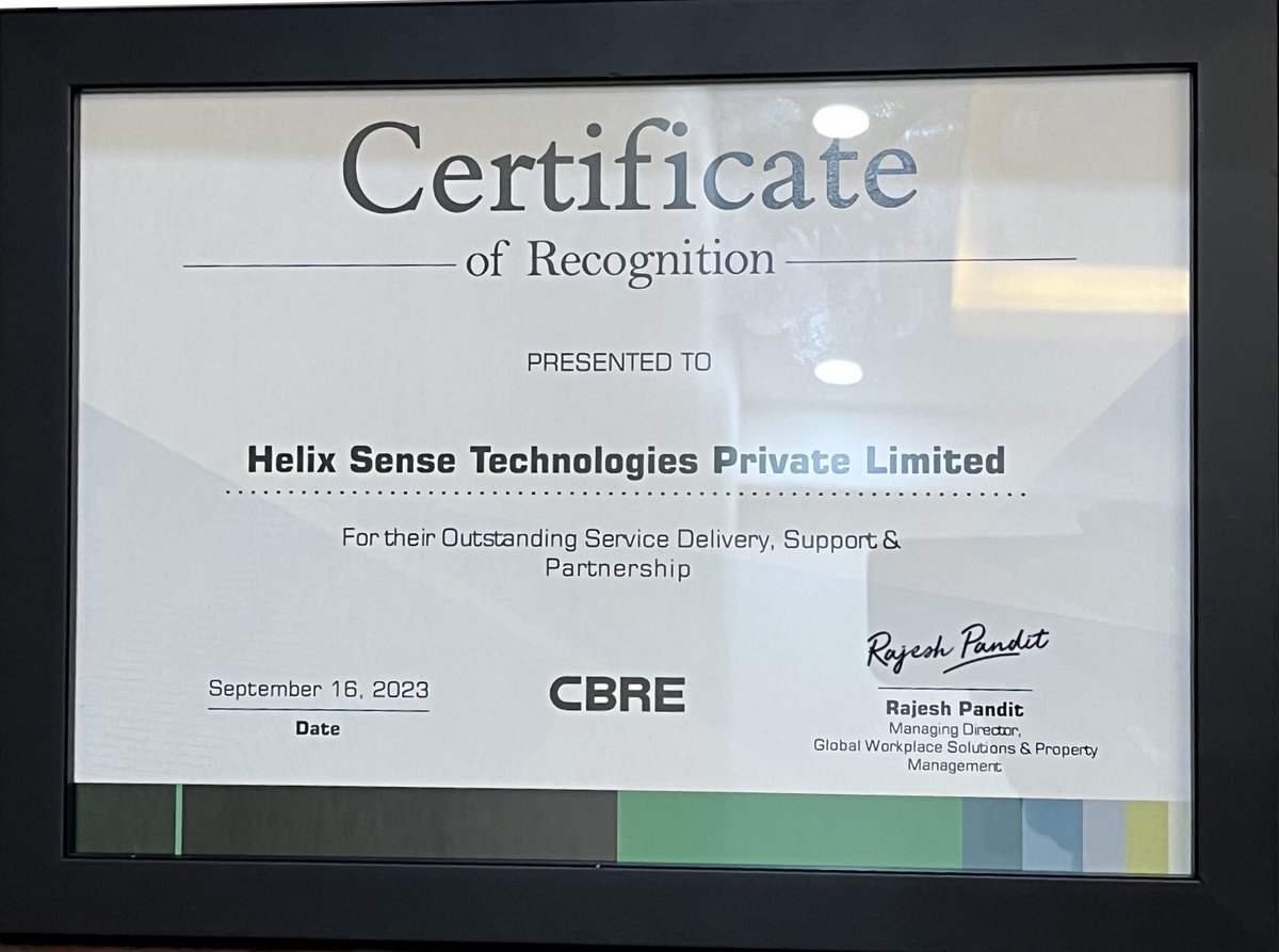 HelixSense's tweet photo. We are thrilled to announce that #helixsense has been honoured with a prestigious #Certificate of #Recognition by #CBRE for our Outstanding Service Delivery, Support, and Partnership! 🎉

#CBRERecognition #OutstandingService #cbregws #cbrealty #facilitymanagement #iot #CMMS https://t.co/tEDoTdnJNP