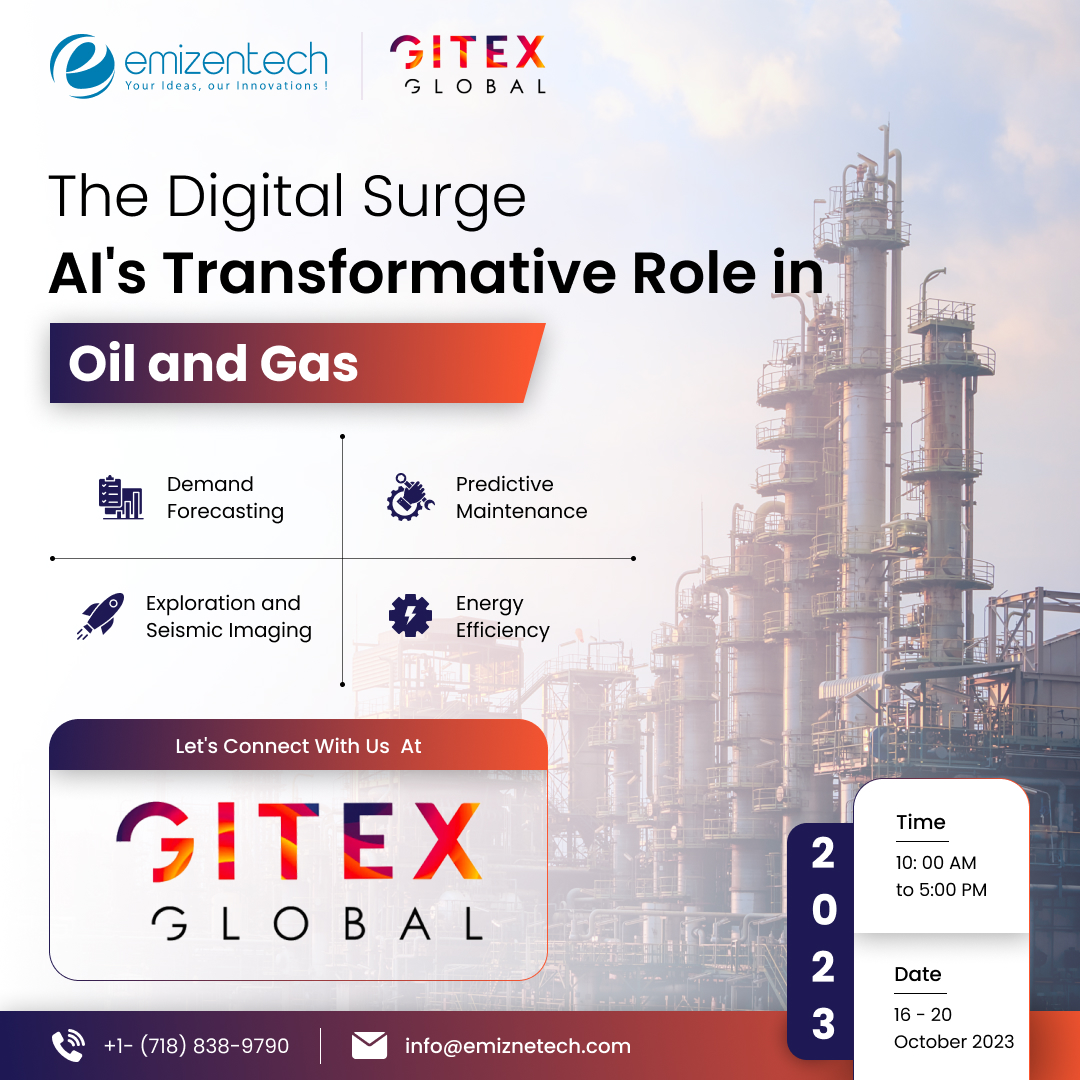 🛢️ Transforming the Oil &amp; Gas Industry with AI! 🤖

From predictive maintenance to optimizing drilling operations, AI is at the forefront of automation.

🤝 Meet Our Expert at Gitex!
#OilAndGas #gitexglobal #AI #Automation #FutureTech #Gitex2023 #Emizen_tech
