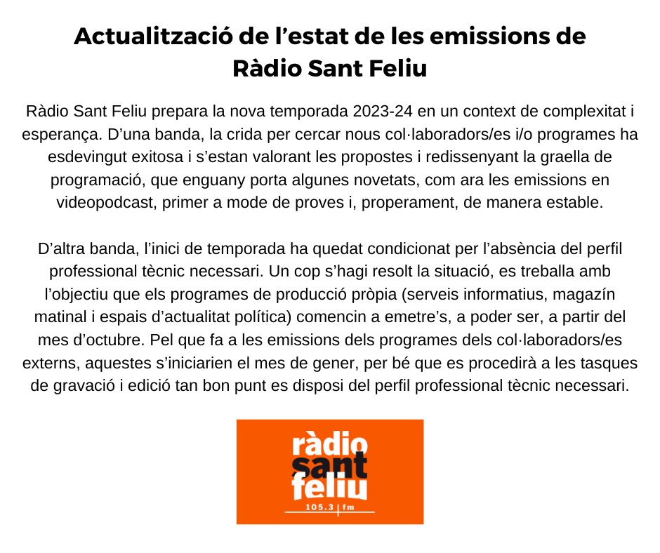 📰Comunicat: Actualització de les emissions de Ràdio Sant Feliu 🔗Consulta la notícia al web municipal: santfeliu.cat/go.faces?xmid=…