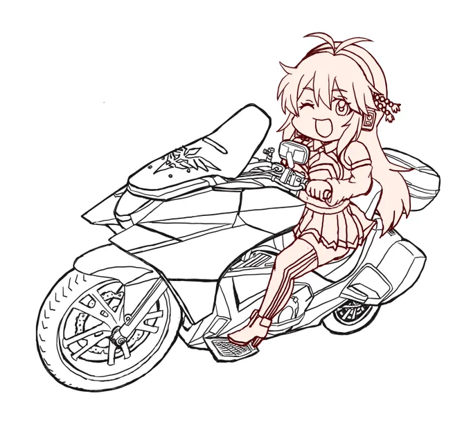 マキさんとバイクの距離感、ちょっと修正してみました!バイクが止まってる想定だったのですが、やっぱりマキさんをしっかり座らせた方が恰好良いですかね～ 