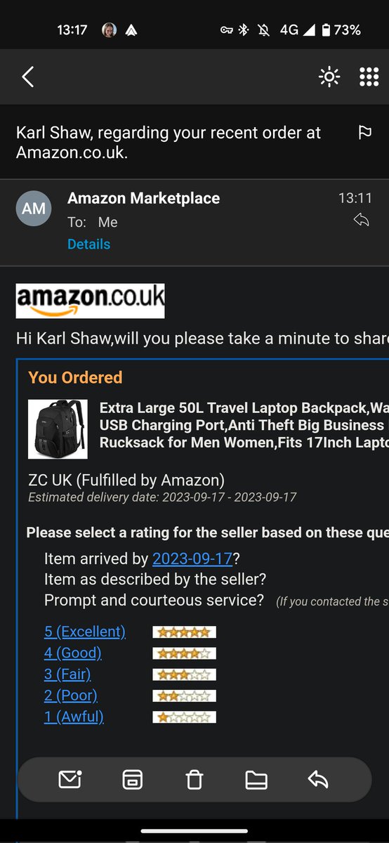 hammer1202's tweet photo. @AmazonUK Are you having a giggle? Asking me how my experience of delivery of the product is, when I haven't received it yet as it got delayed during "same day" delivery? https://t.co/iWXV6idqzK