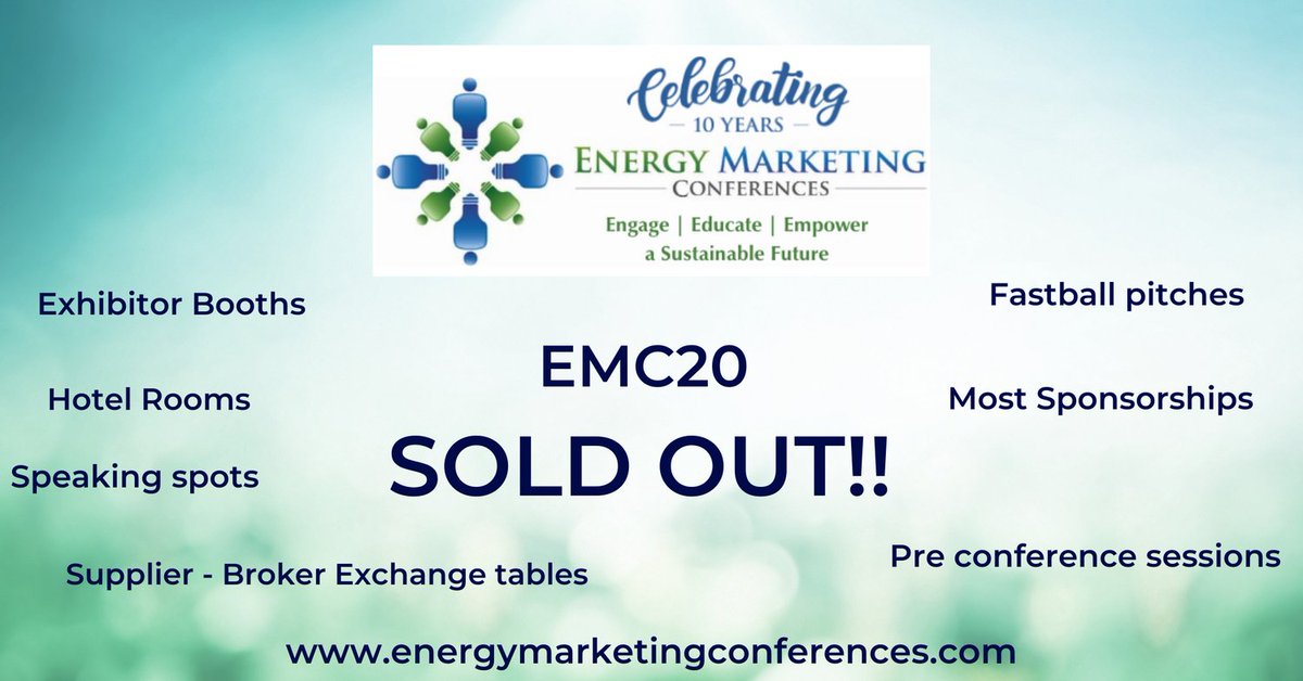 #EMC20 is SOLD OUT!  Register today so you don't get left behind!  This will be the biggest EMC conference in our 10 year history! eventbrite.com/e/emc20-new-yo…

Contact us if you are interested in any remaining sponsorships. #retailenergy, #energyMarketing,