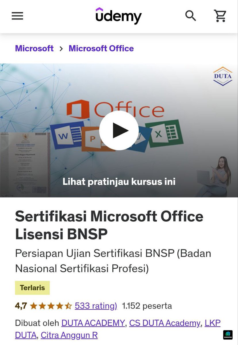 worksfess's tweet photo. Work! Ada yang pernah ambil sertifikasi di Udemy? Dari daftar sampai sertifikatnya keluar berapa lama? Dan sertifikasi yang ini bisa buat persyaratan C'PNS yang harus punya sertifikat komputer itu?? Terima kasih. https://t.co/ydeacE6OKM