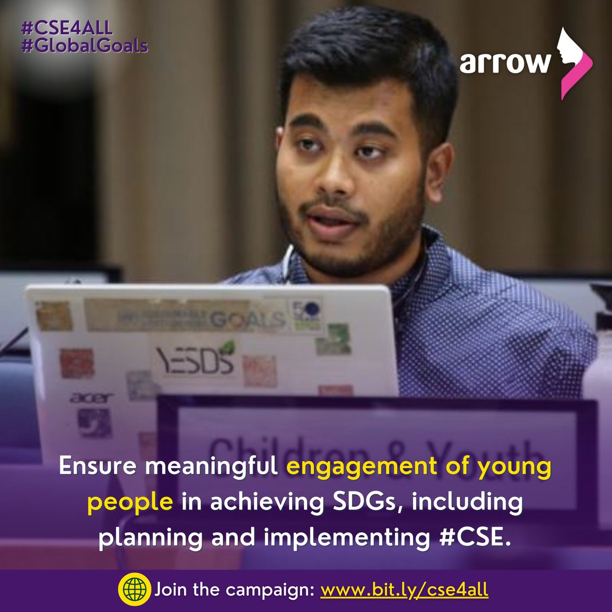 ARROW_Women's tweet photo. Ensure the meaningful partnerships and engagement of young people, regardless of their identities or disabilities, in partnerships towards the achievement of the SDGs, which also include the planning and implementation of #CSE. #GlobalGoals #SDGs #SDG2030 #CSE4ALL #SDGSummit2023 https://t.co/IyNL9Rm6Fx
