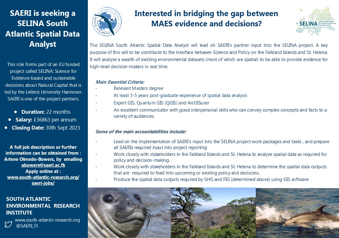 SAERI_FI's tweet image. 📢  Don't miss out on this opportunity to join
@SELINAHorizonEU &amp;amp; @SAERI_FI teams! 
We are looking to fill the  #position for #SpatialData Analyst - working in #StHelenasIsland and the #FalklandIslands 
More details below 👇👇&amp;amp; APPLY online NOW -
hr.breathehr.com/v/selina-south…