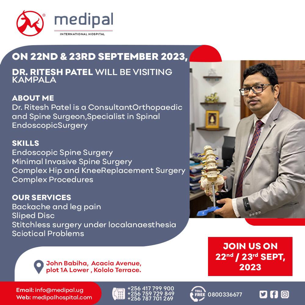 MedipalHosp's tweet photo. Dr Ritesh Patel will be in Kampala on the 22nd and 23rd September , Book your appointment now! 

#Medipal #Hospital https://t.co/A0WTDGi24c