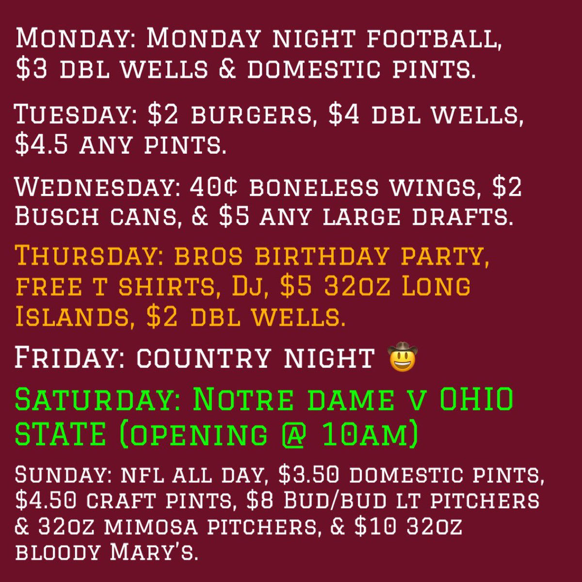 Happy Monday!!! What are you guys doing this week? 

#brotherssouthbend #brothersbarandgrill #brothersbar #southbend #indiana #fyp #collegefootball #ndvsosu #notredame