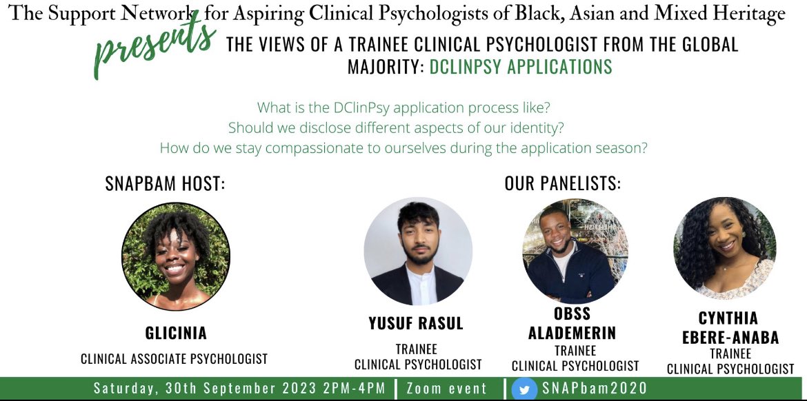 We're BACK! Please join us on the 30th Sept at 2pm to gain insight from current trainee clinical psychologists from the global majority! We'll be focusing on DClinPsy applications. They'll share their experiences and there will be time for questions too!
