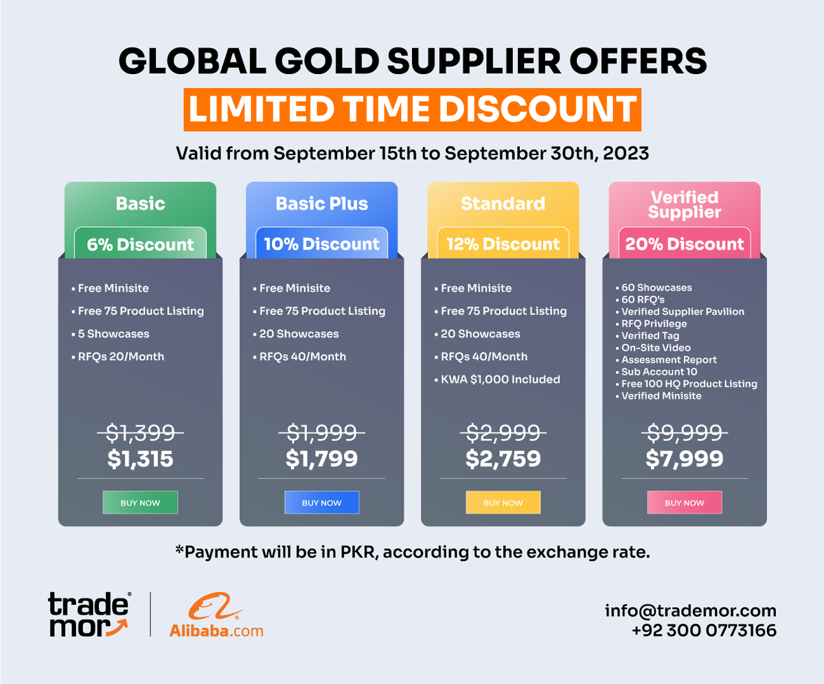 Great news! Due to popular requests, Alibaba has extended its massive discounted offers until September 30th. Don't miss out on this fantastic opportunity – grab this opportunity before it's too late! 

#Trademor #alibaba #export #MassiveDiscounts  #trustedplatform #AvailNow