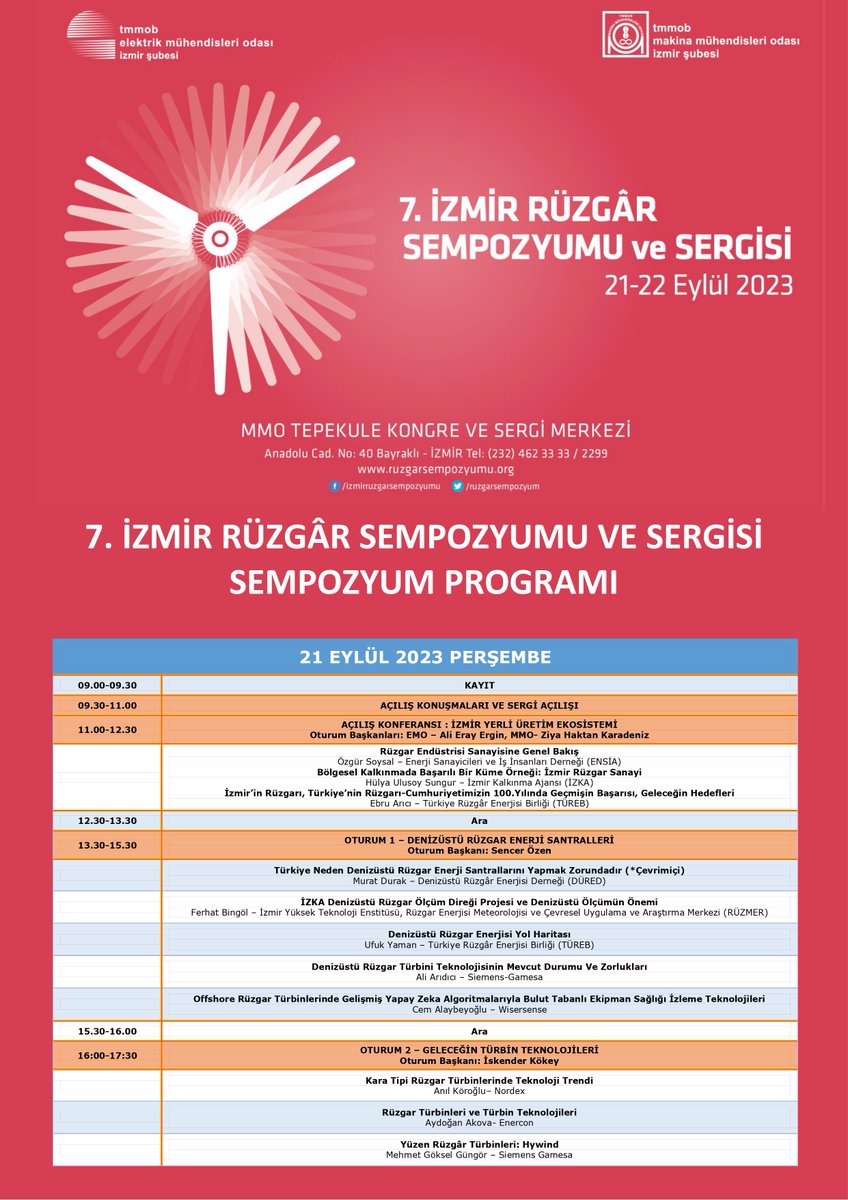 ruzgarsempozyum's tweet photo. 7. İzmir Rüzgar Sempozyumu ve Sergisi Programı Yayınlanmıştır. Rüzgar Enerjisi Profesyonellerini 21-22 Eylül 2023 tarihlerinde etkinliğimize bekliyoruz. https://t.co/ULkJ8chBqc