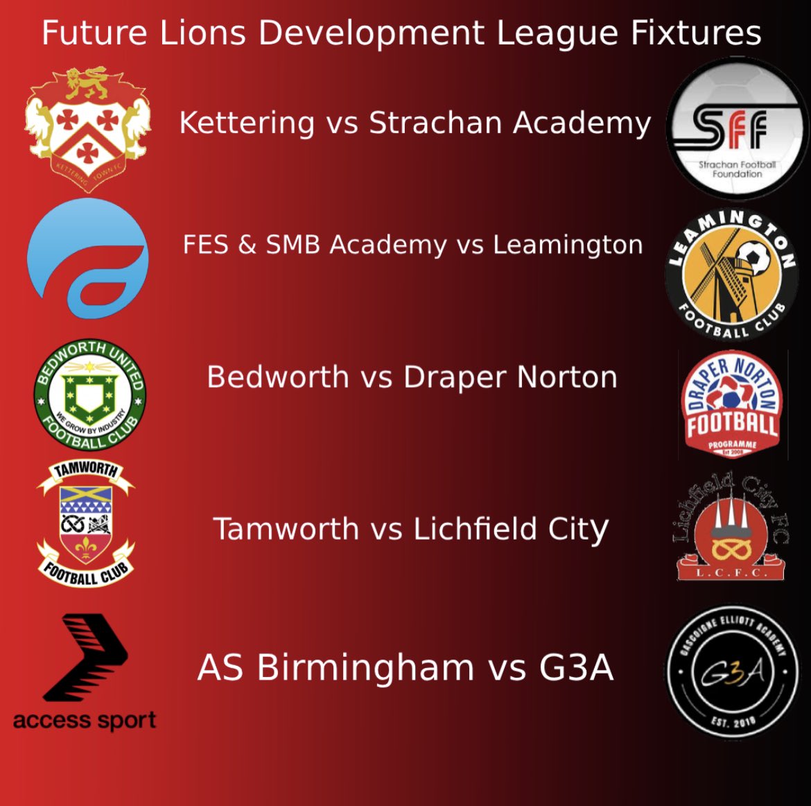 Here are the Fixtures for This Weeks Future Lions Leagues 💪

It promises to be another Entertaining Matchweek with plenty of Excitement and Goals 🏆⚽️🦁 #FutureLions