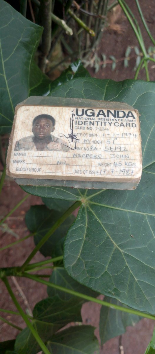 I still hold this NRA ID in much treasure and respect bcoz it bonds me with NRA, and the late Commander Fred Gisa Rwigyema. In 1987, February or March, at Gulu Air base, after reconnotoiring Commander Rwigyema's camp well, I crawled up besides his bed and that of the late Col