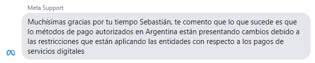 SebastianHeim's tweet photo. Meta suspendió todos los métodos de pago excepto tarjetas internacionales en Argentina por nuevas restricciones. No saben si volverán a estar disponible Mercado Pago, Pago Fácil, Rapipago, ni tarjetas locales. 😬 https://t.co/cfr647o8Pg