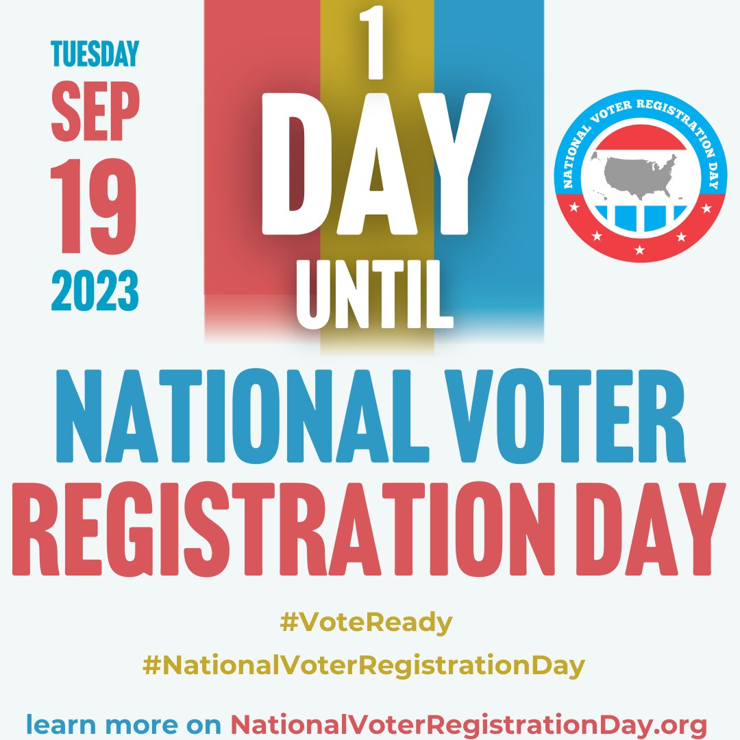 TIOMORROW, Y'ALL 🗓️ On 9/19, 3400+ partners representing the very best of America 🇺🇸 will hit the streets from coast to coast for 24 hours on #NationalVoterRegistrationDay to celebrate 🎉 democracy 🗳️ & get every eligible American registered & #VoteReady 📋 for 2023 & beyond.