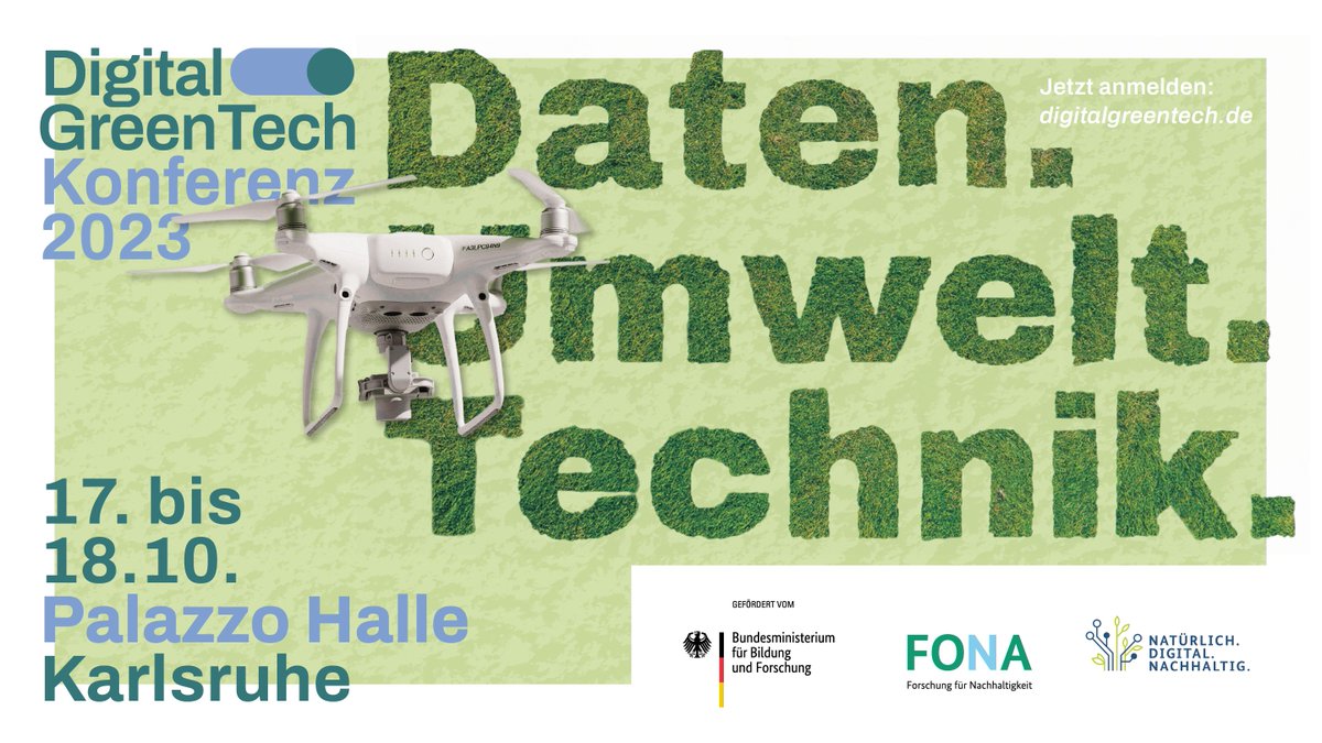 Vom 17.–18.10.2023 findet die Digital GreenTech Konferenz 2023 unter dem Motto „Daten. Umwelt. Technik.“ in #Karlsruhe statt.   Zur kostenlosen Registrierung geht es #KarlsruheDigital: pretix.eu/gi/dgt-konfere…