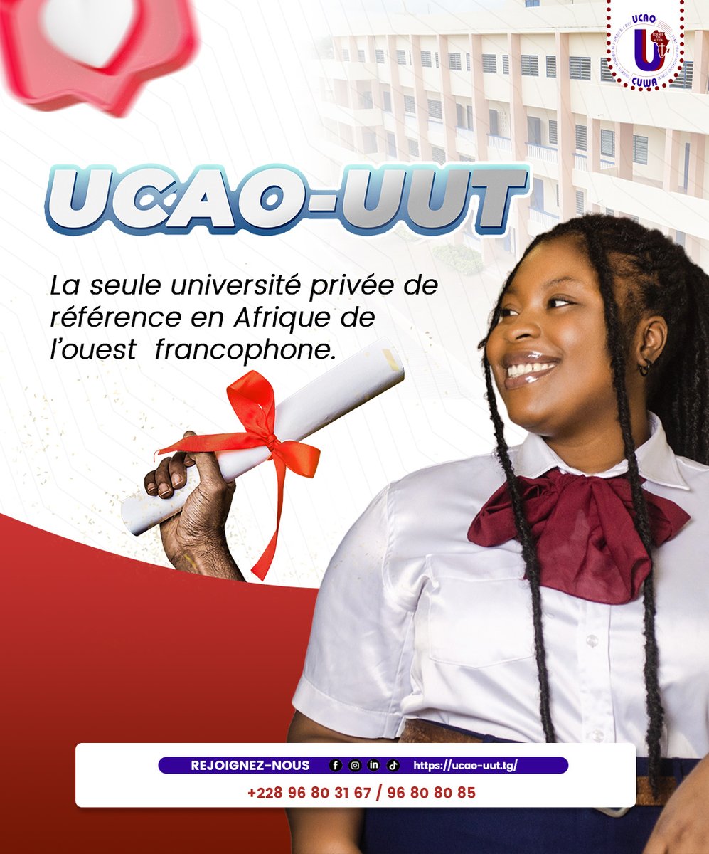 LE SAVIEZ-VOUS ?
L'UCAO-UUT est dans les TOP 200 des universités de référence en Afrique et le 4ème en Afrique de l'Ouest francophone.
Egalement, L'UCAO-UUT est la meilleure université privée de référence sur le plan National selon L'UNIRANK: l'Agence  de Notation des Universités